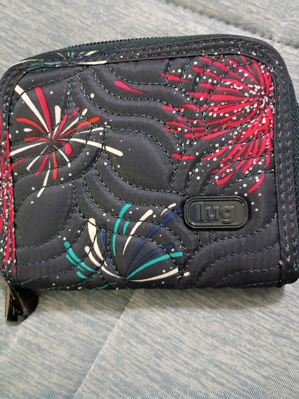 Lug Quilted Wallet in Navy with Multicolor Firework Print Splits RFID